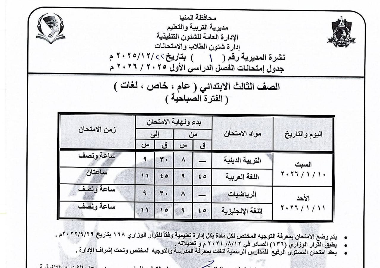 جداول إمتحانات الفصل الدراسى الاول للمرحلة الإبتدائية بالمنيا (8)