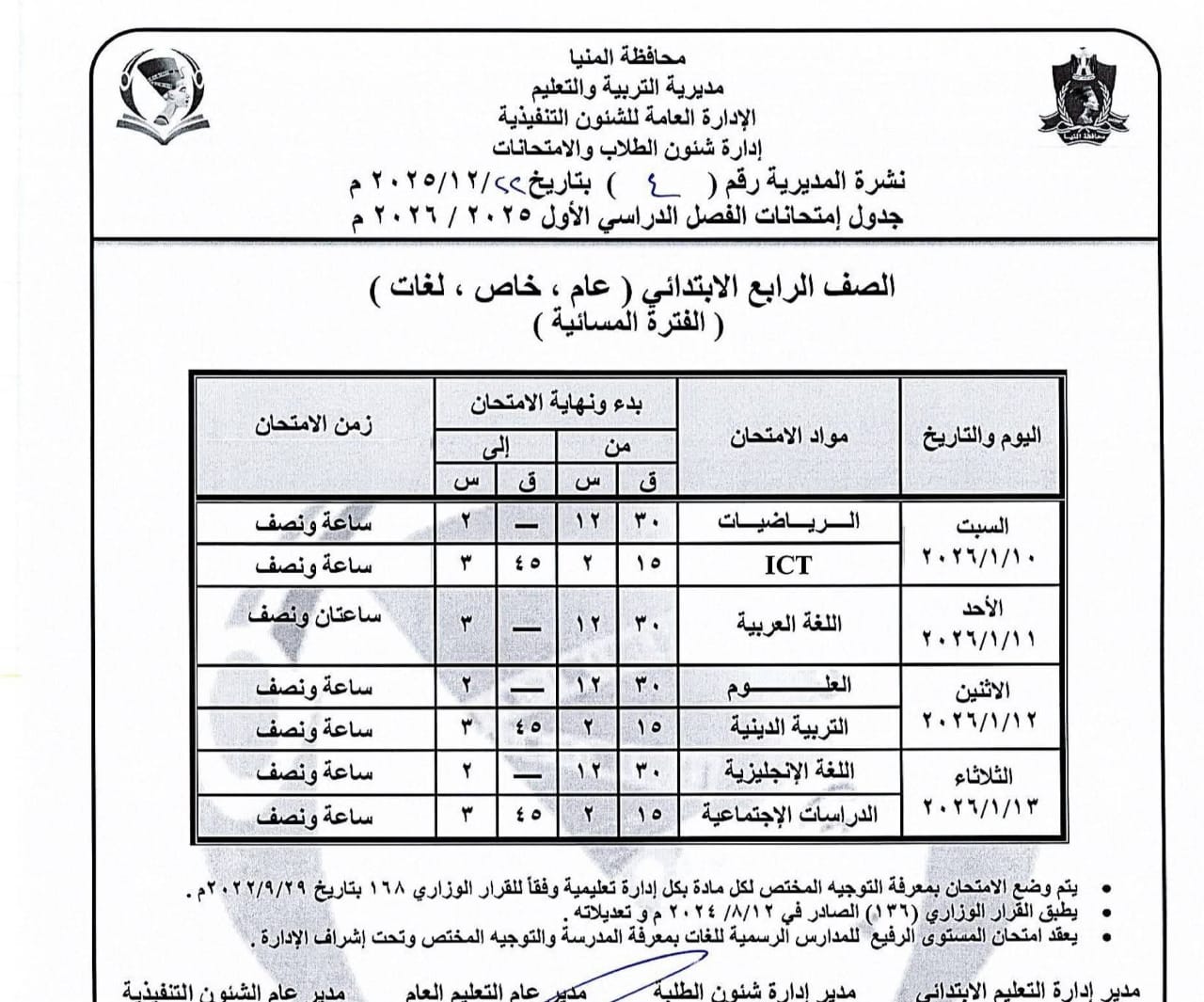 جداول إمتحانات الفصل الدراسى الاول للمرحلة الإبتدائية بالمنيا (7)