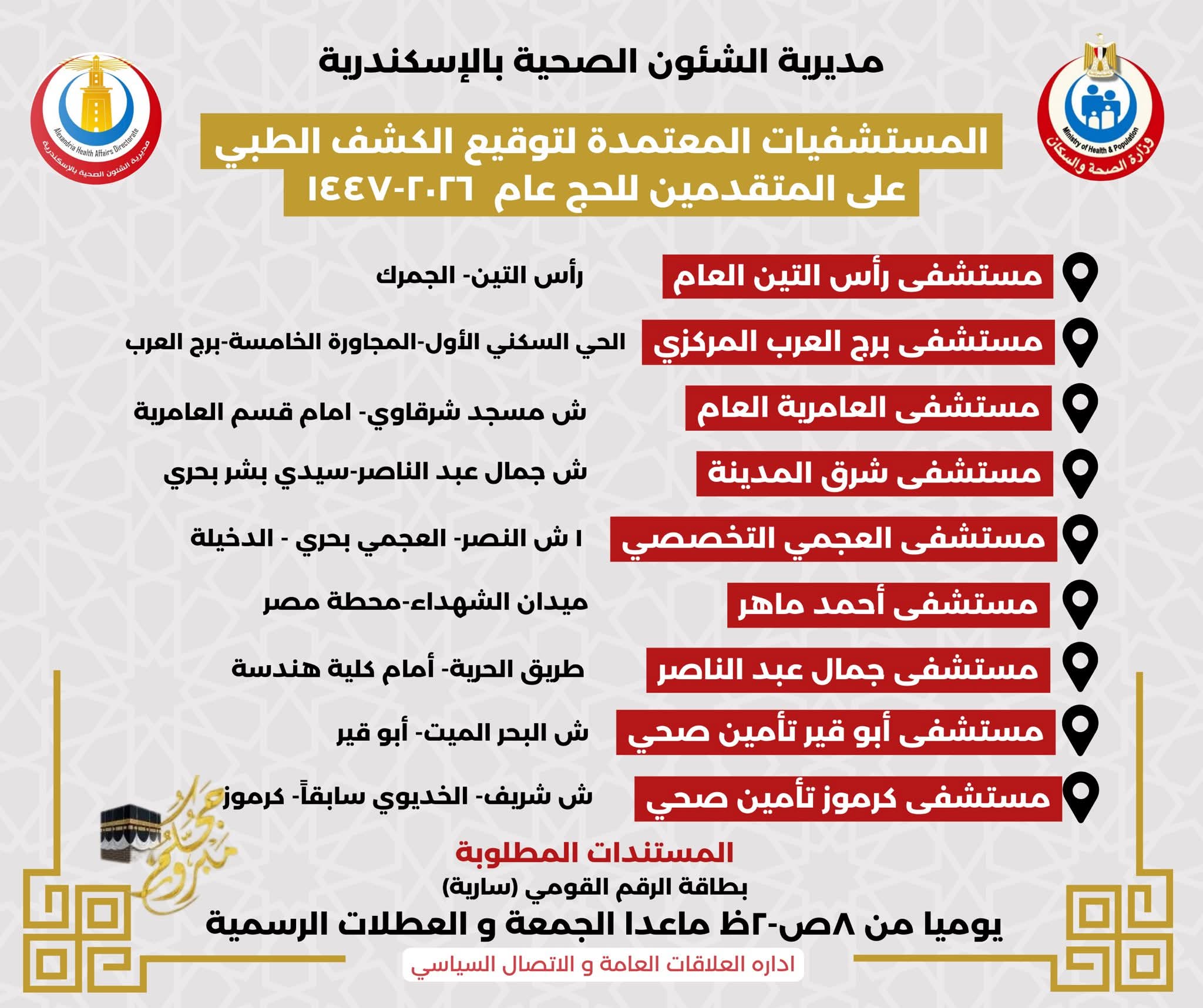 أماكن المستشفيات المعتمدة لعمل الكشف الطبي للمتقدمين للحج (1)