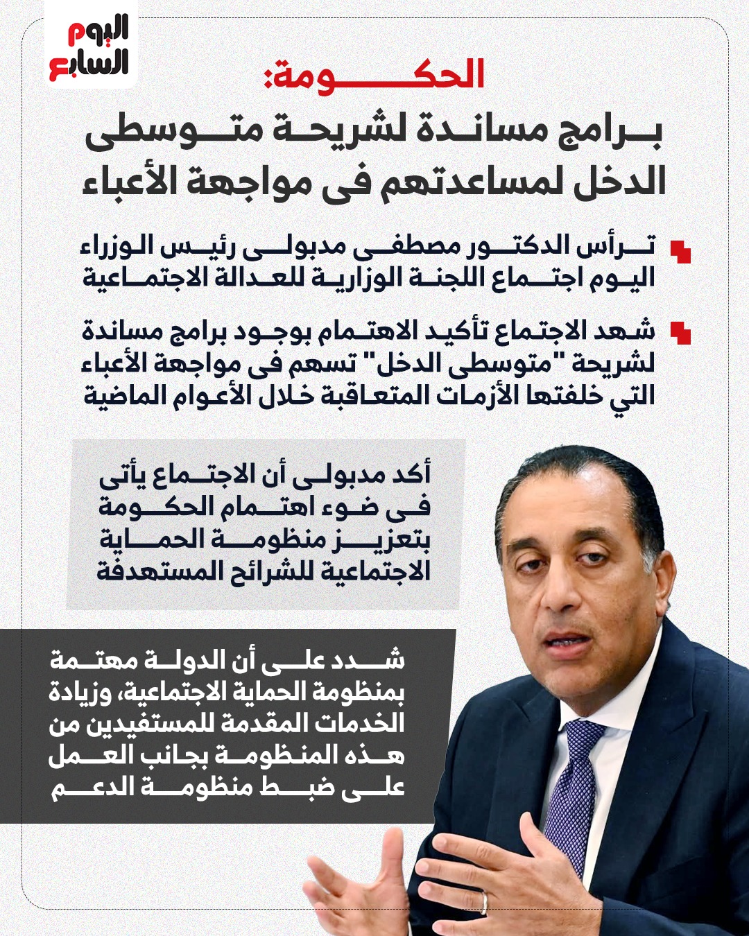 الحكومة  برامج مساندة لشريحة متوسطى الدخل لمساعدتهم فى مواجهة الأعباء