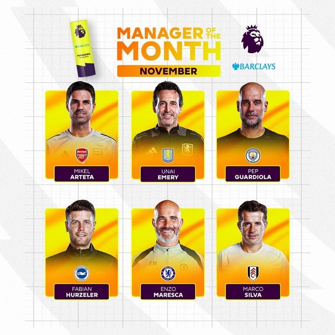 قائمة المرشحين لجائزة أفضل مدرب في نوفمبر بالدوري الإنجليزي