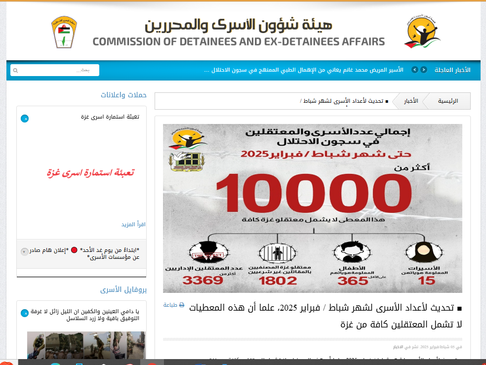 تحديثات لهيئة شئون الأسرى والمحررين عن أعداد الأسرى في سجون الاحتلال
