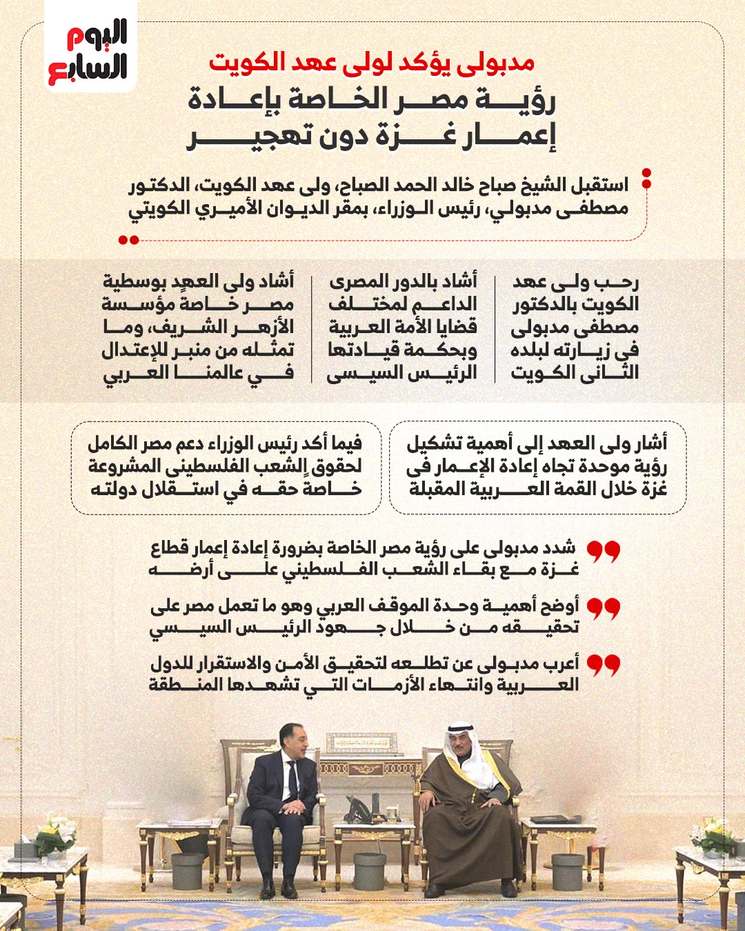 مدبولى يؤكد لولي عهد الكويت دعم مصر الكامل لحقوق الشعب الفلسطيني المشروعة