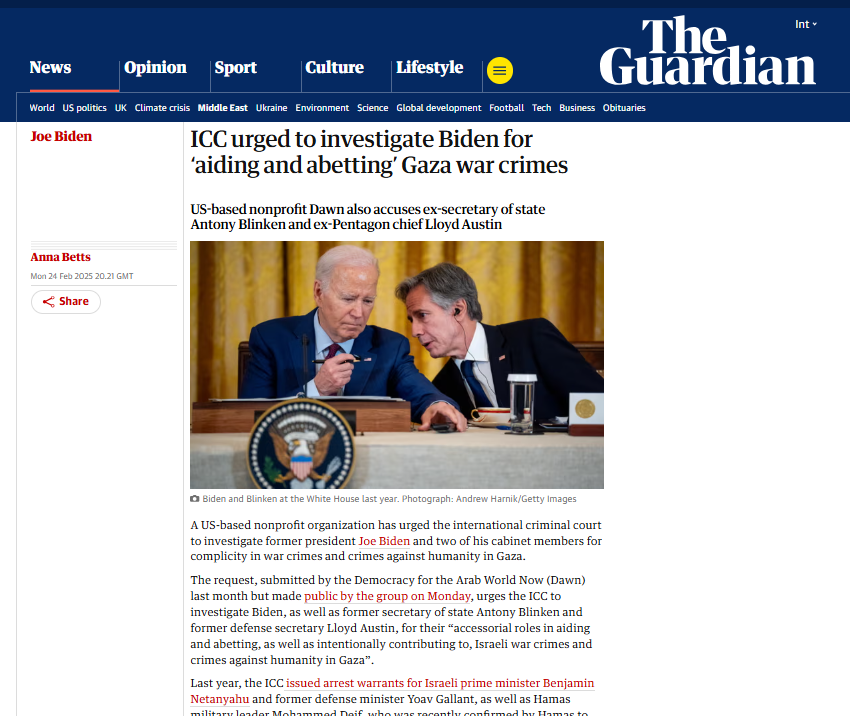 منظمة أمريكية تطالب الجنائية الدولية بمحاكمة بايدن وبلينكن