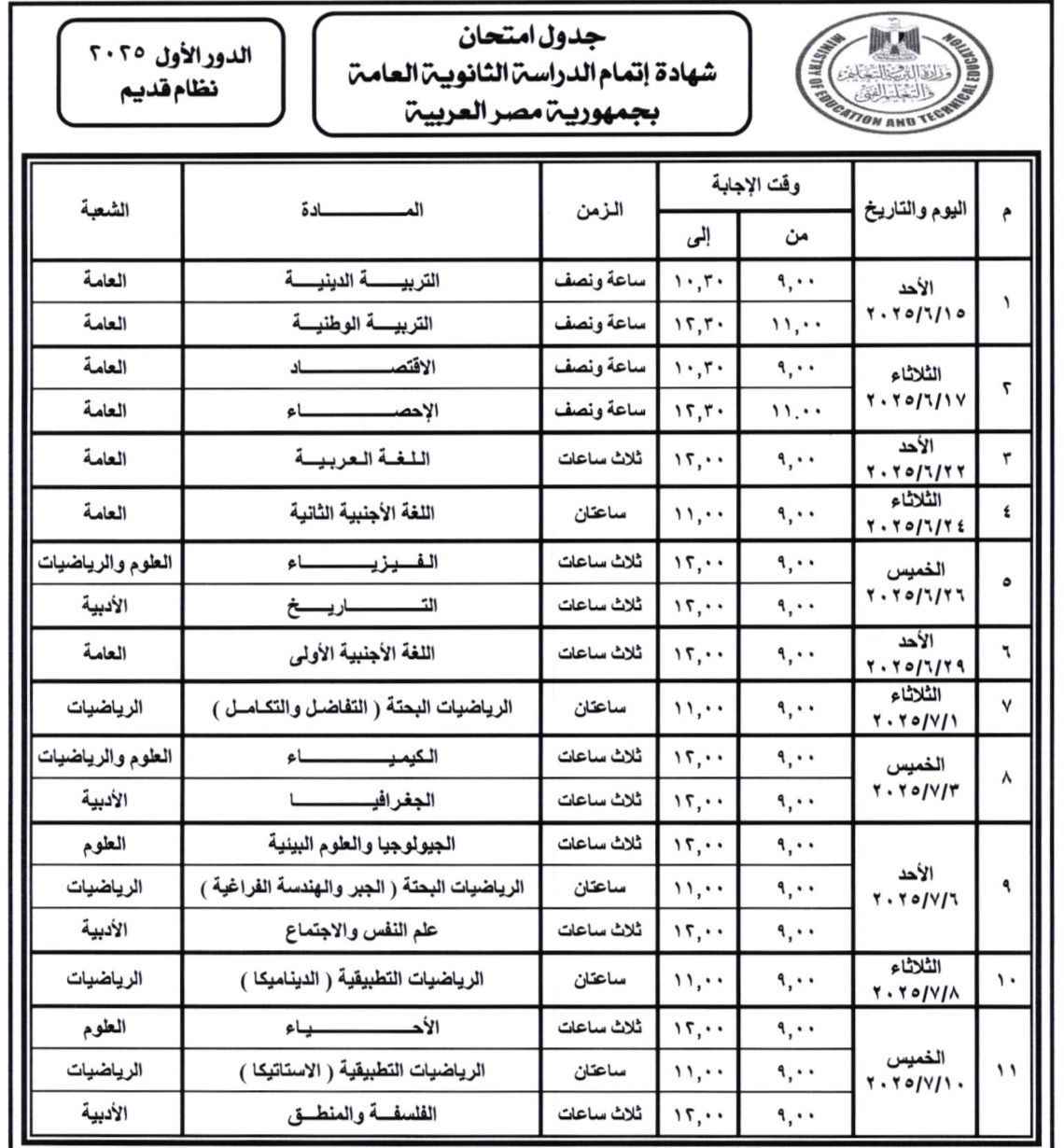 جدول امتحانات الثانوية