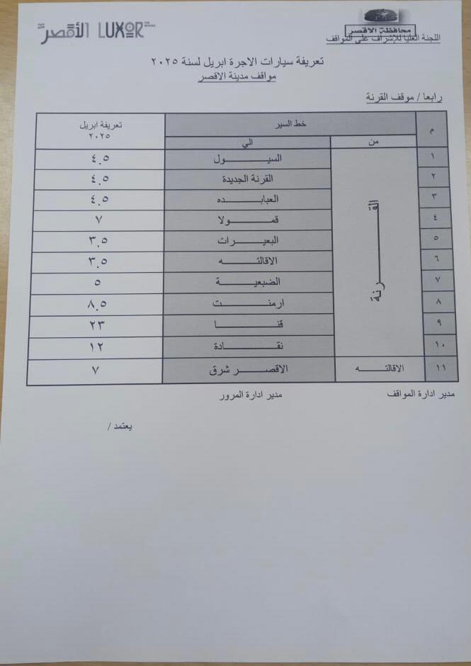 أسعار تعريفة الركوب الجديدة لسيارات الأجرة بمواقف القرنة