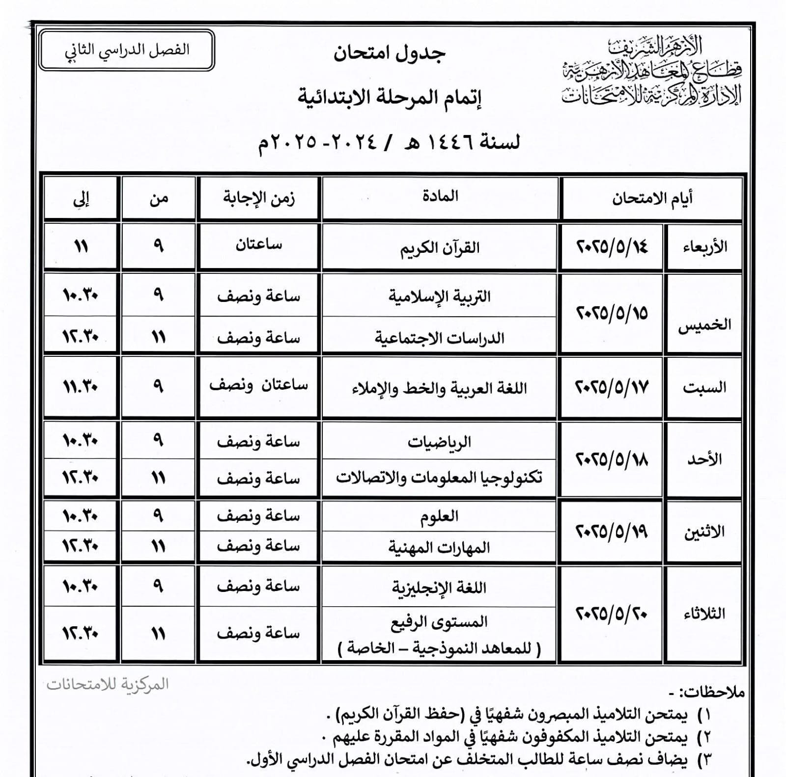 جدول امتحانات نهاية العام بالمعاهد الأزهرية فى الشرقية (14)
