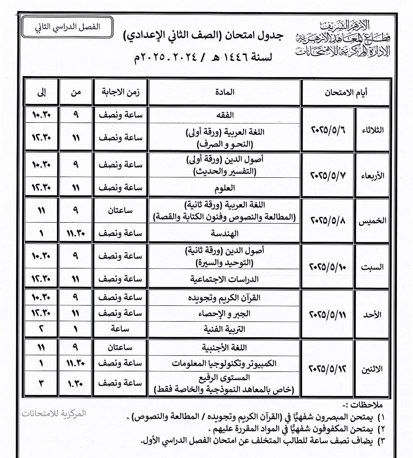 جدول امتحانات نهاية العام بالمعاهد الأزهرية فى الشرقية (24)