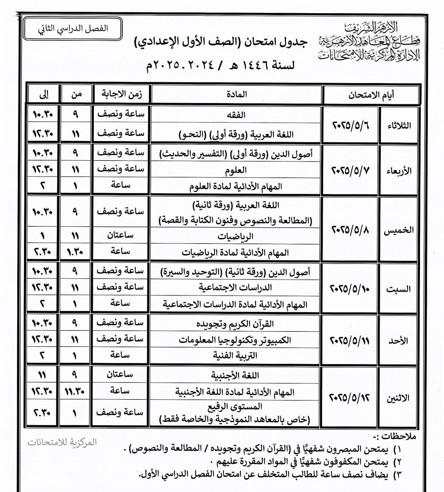 جدول امتحانات نهاية العام بالمعاهد الأزهرية فى الشرقية (18)
