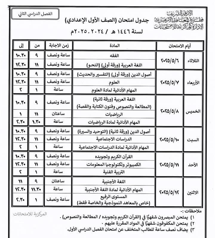 جدول امتحانات نهاية العام بالمعاهد الأزهرية فى الشرقية (10)
