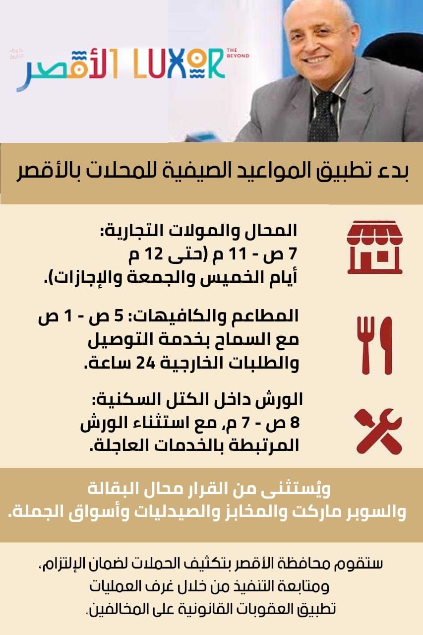 الأقصر تعلن بدء تطبيق المواعيد الصيفية للمحلات والمولات والمطاعم والورش الأقصر تعلن بدء تطبيق المواعيد الصيفية للمحلات والمولات والمطاعم والورش