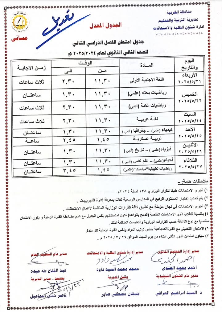 جدول امتحانات الصف الثاني الثانوي جدول امتحانات الصف الثاني الثانوي