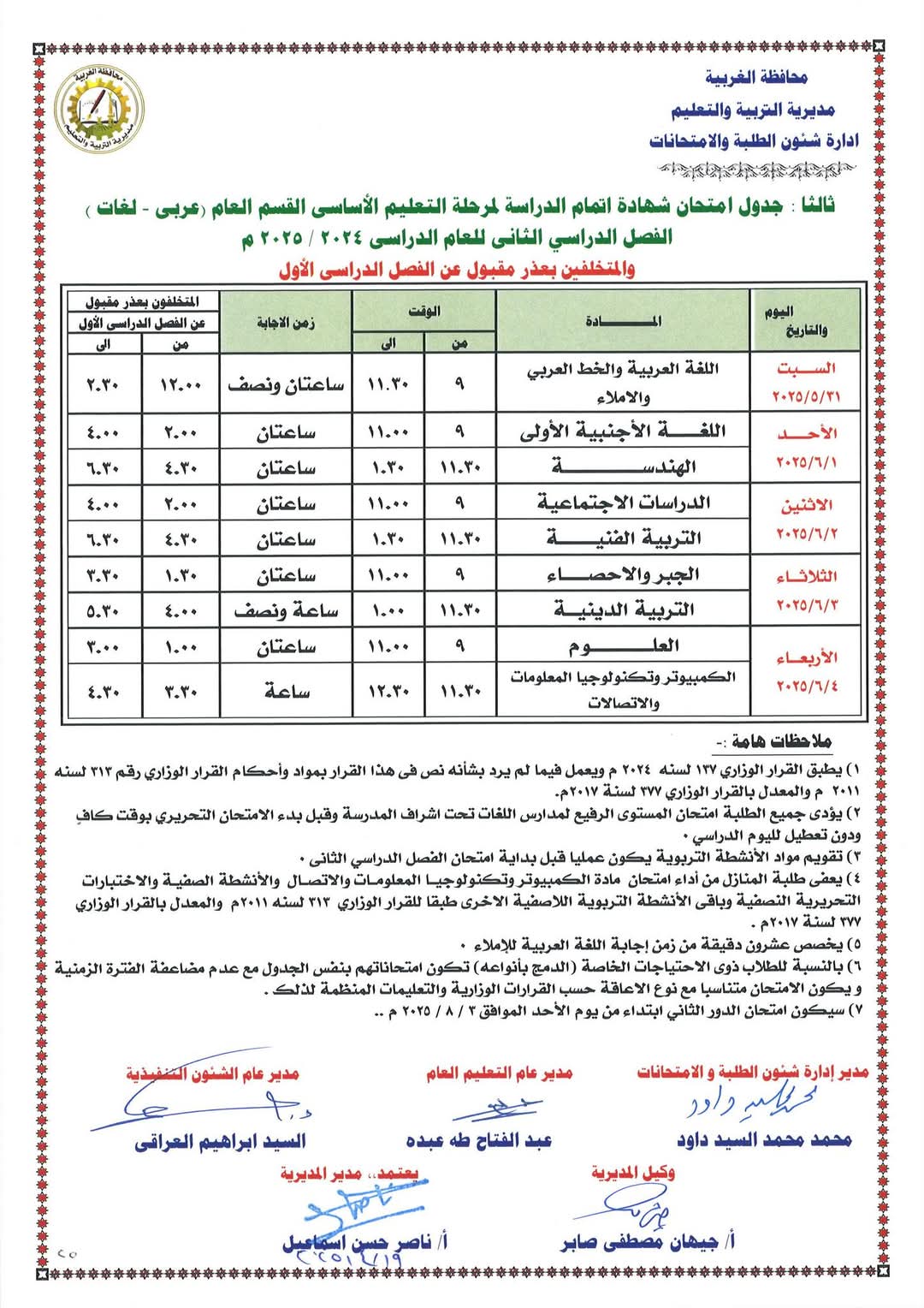 جدول الشهادة الاعدادية 6