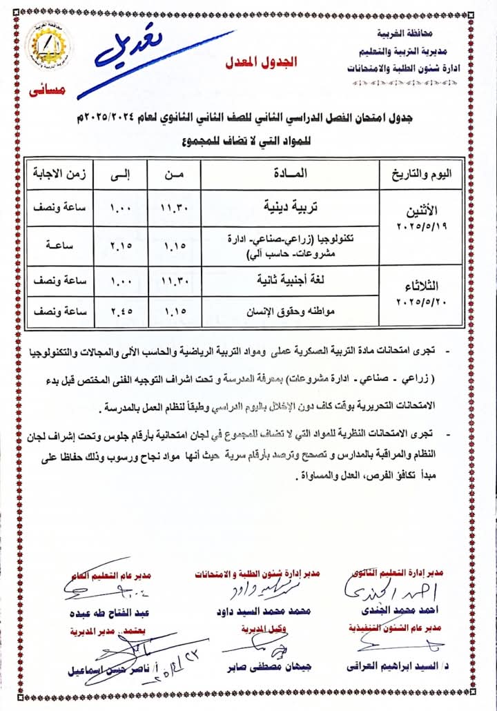 جدول امتحانات الصف الثاني الثانوي. جدول امتحانات الصف الثاني الثانوي.