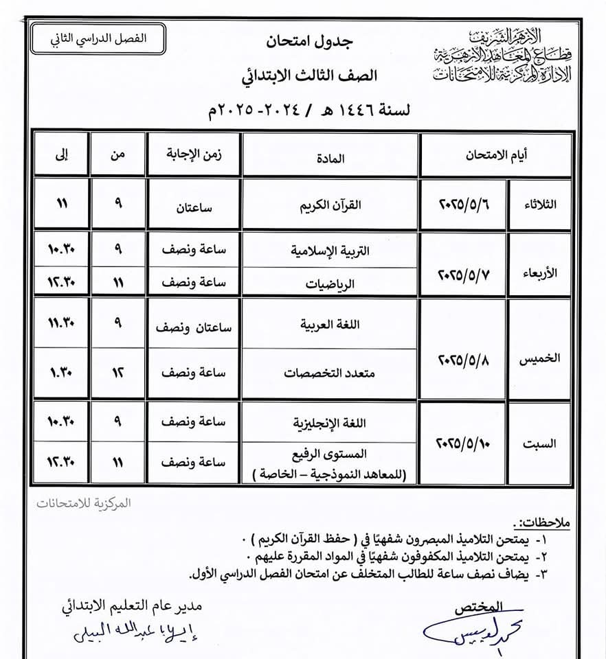 جدول الصف الثالث الإبتدائى