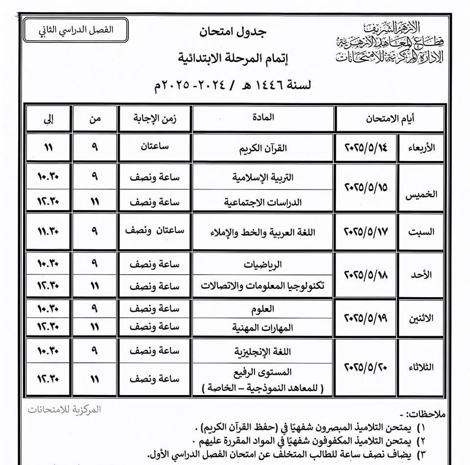 جدول القرآن الكريم والتربية الإسلامية المرحلة الإعدادية