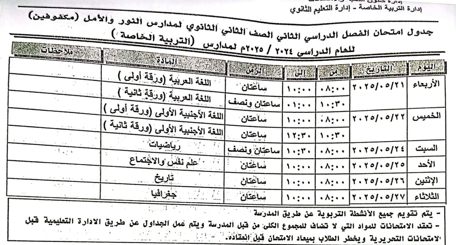 جدول امتحانات الصف الثانى الثانوى لمدارس التربية الخاصة جدول امتحانات الصف الثانى الثانوى لمدارس التربية الخاصة