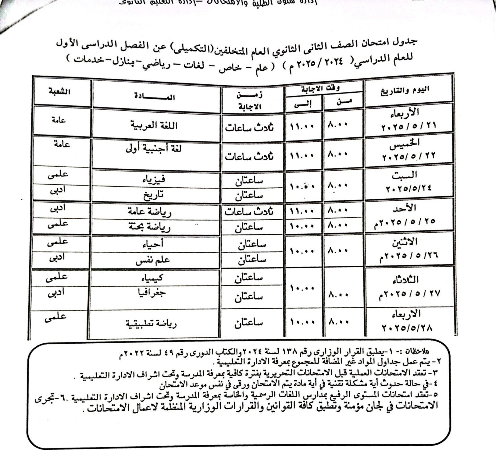 جدول امتحانات الصف الثانى الثانوى للمتخلفين التكميلي جدول امتحانات الصف الثانى الثانوى للمتخلفين التكميلي