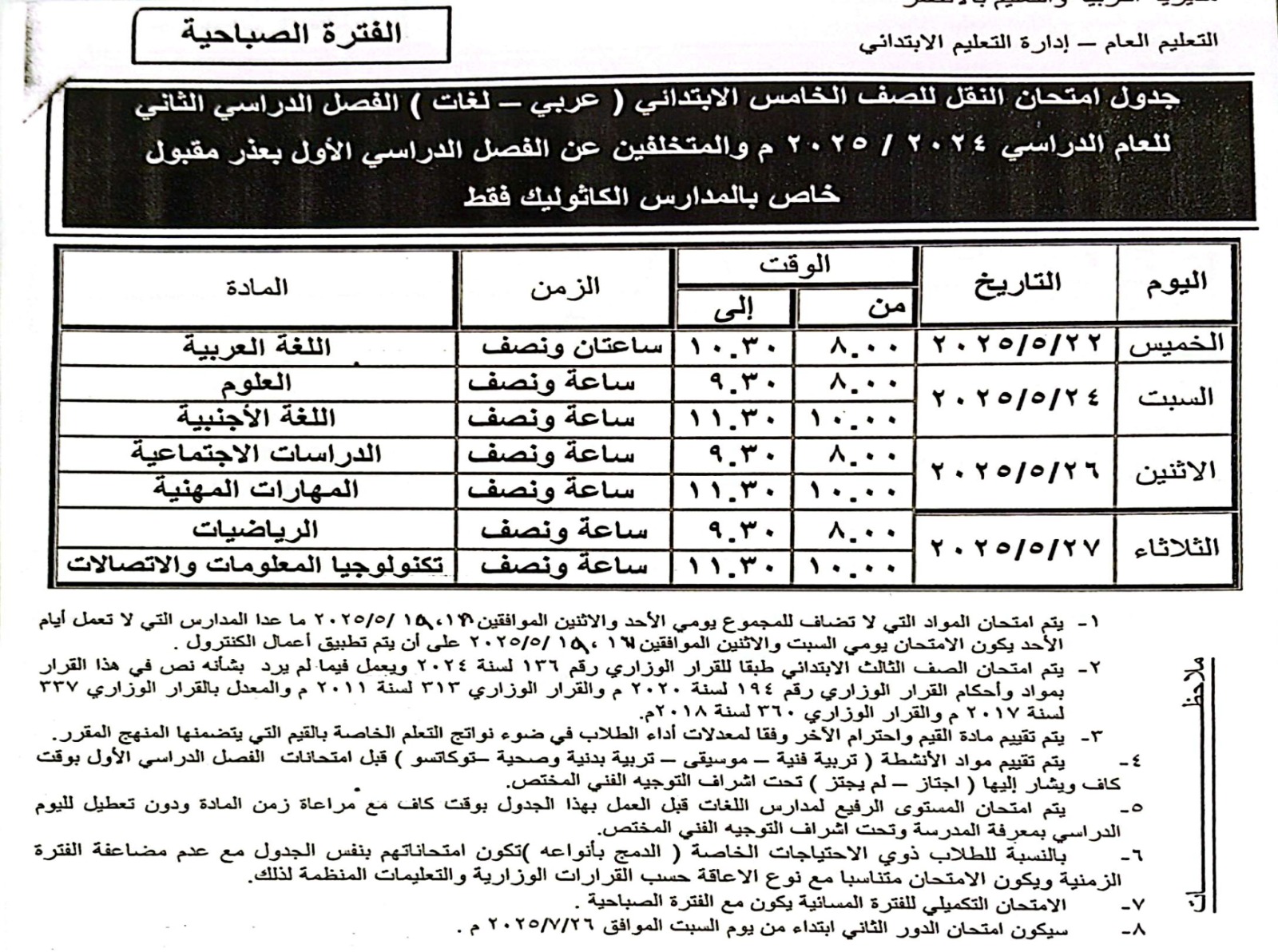جدول امتحان الصف الخامس الإبتدائي للمدارس الكاثوليك_2