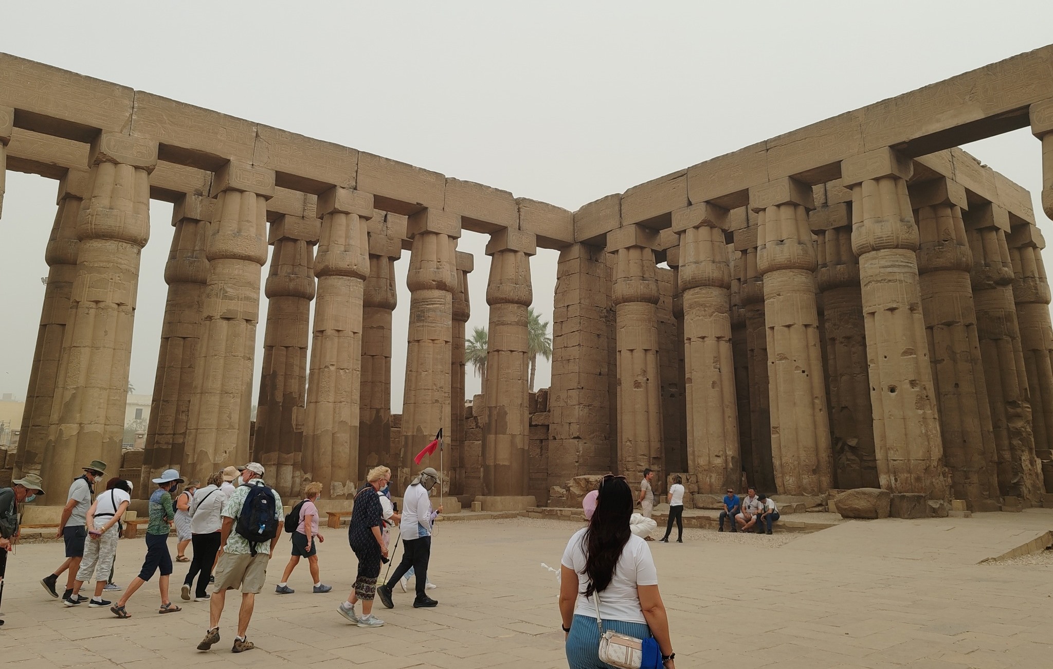استمتاع السياح بين أعمدة معابد الأقصر