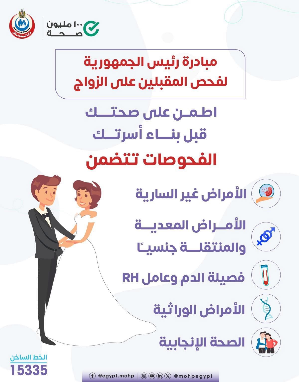 الفحوص والتحاليل المجانية بمبادرة فحص المقبلين على الزواج