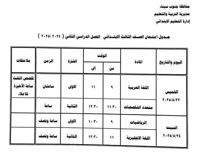 جدول امتحان الصف الثالث الابتدائي جدول امتحان الصف الثالث الابتدائي