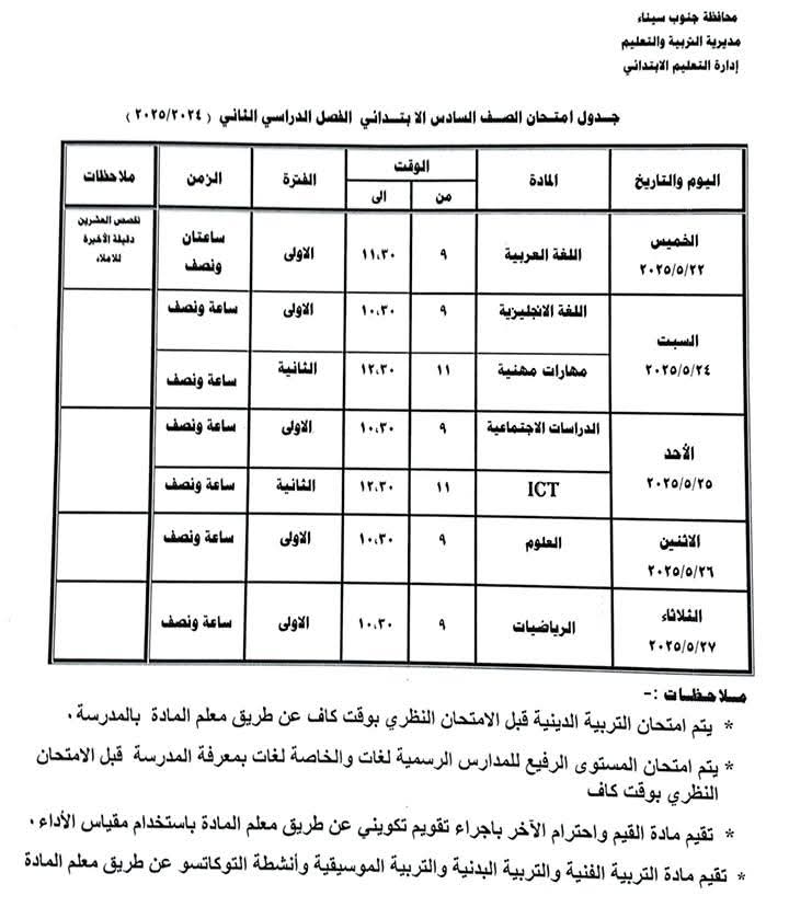 جدول امتحان الصف السادس الابتدائي جدول امتحان الصف السادس الابتدائي