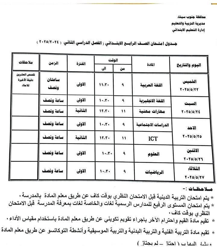 جدول امتحان الصف الرابع الابتدائي جدول امتحان الصف الرابع الابتدائي