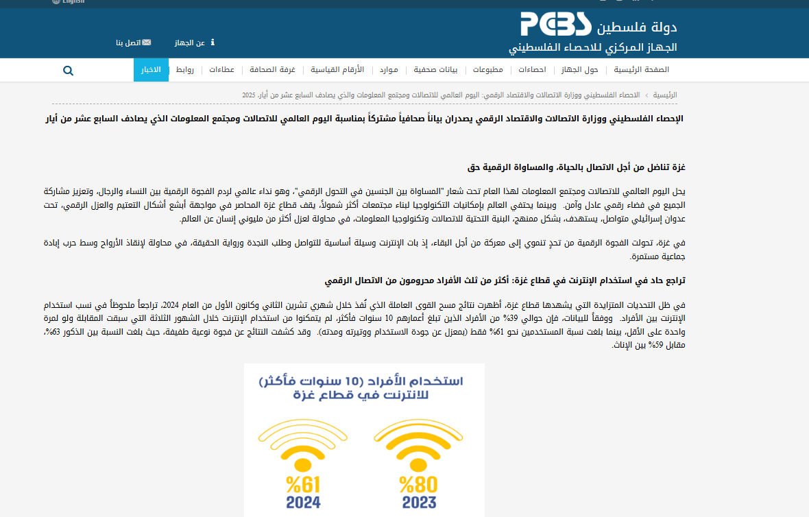 تقرير الجهاز المركزي للإحصاء الفلسطيني حول تدمير قطاع الاتصالات والإنترنت في غزة