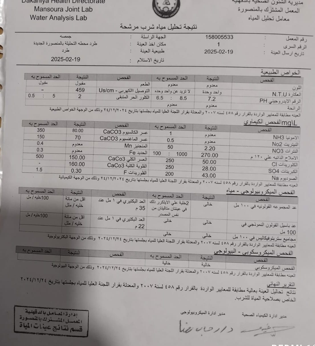 تقرير تحليل المياه من وزارة الصحة