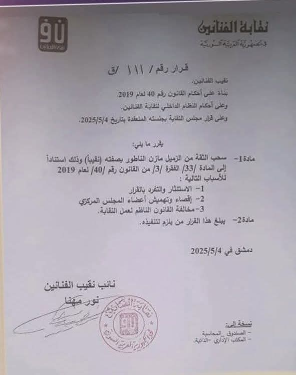 سحب الثقة من نقابة الفنانين