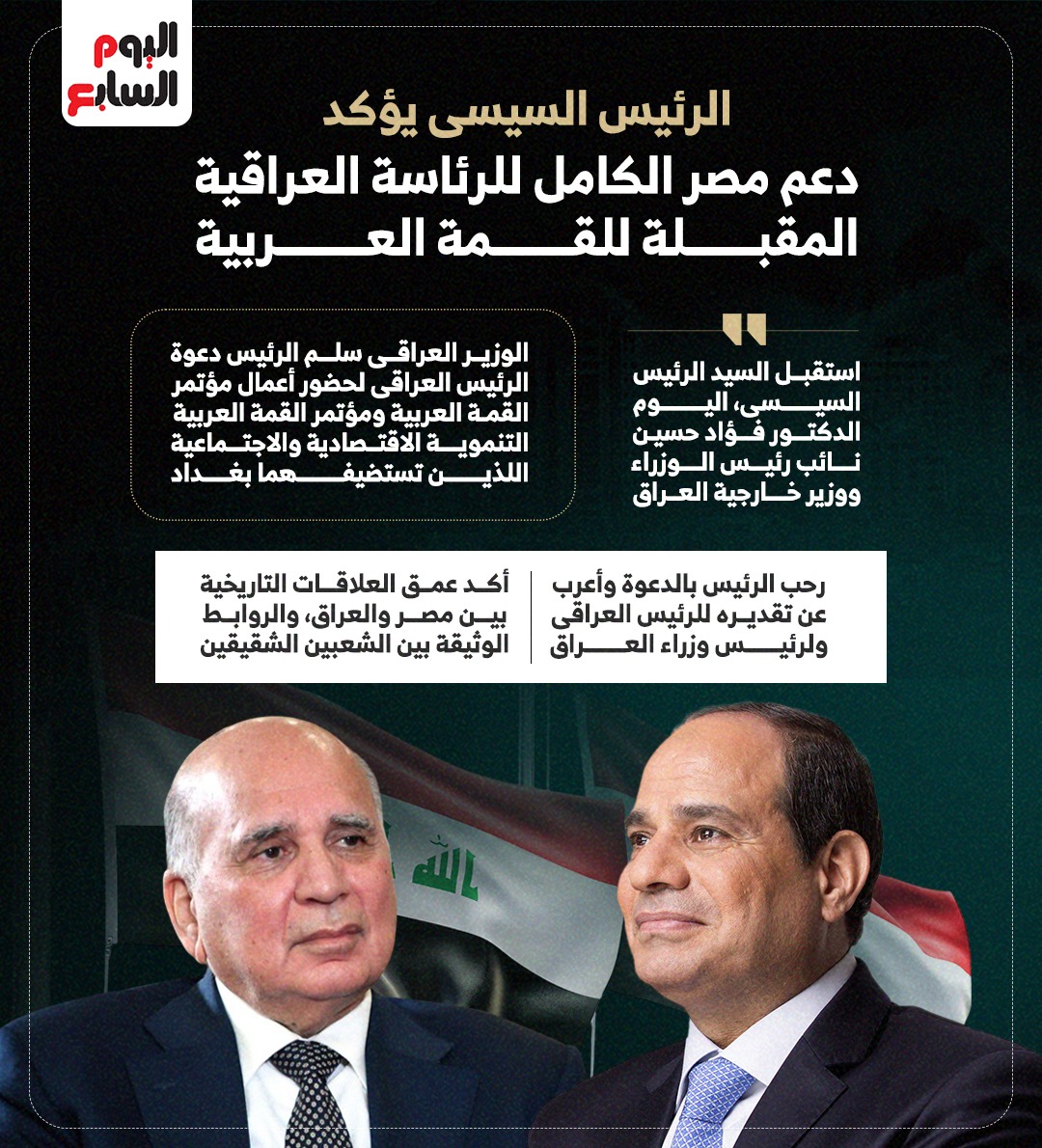 الرئيس السيسى يؤكد دعم مصر الكامل للرئاسة العراقية المقبلة للقمة العربية