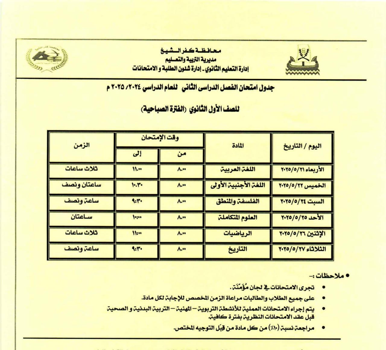 جدول امتحان مواد الصف الأول الثانوي جدول امتحان مواد الصف الأول الثانوي