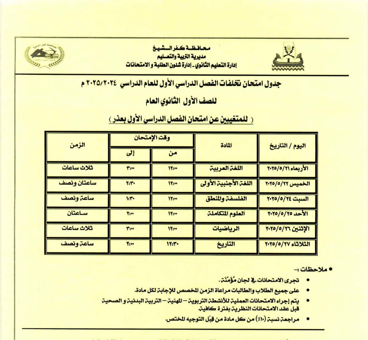 جدول امتحان مواد تغيب عنها طلاب الصف الاول لثانوي جدول امتحان مواد تغيب عنها طلاب الصف الاول لثانوي