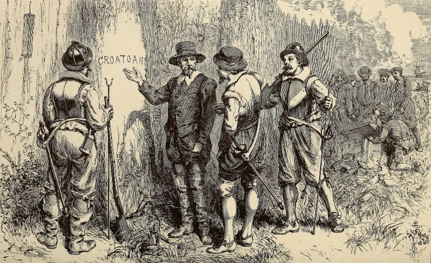 رسم توضيحي من القرن التاسع عشر يُصوّر اكتشاف المستعمرة المهجورة، عام 1590 رسم توضيحي من القرن التاسع عشر يُصوّر اكتشاف المستعمرة المهجورة، عام 1590