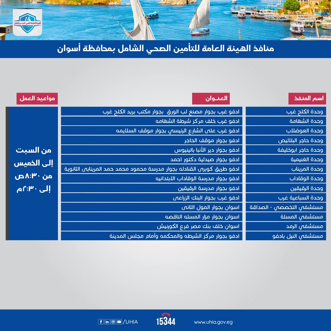 منافذ هيئة التأمين الصحى الشامل بأسوان