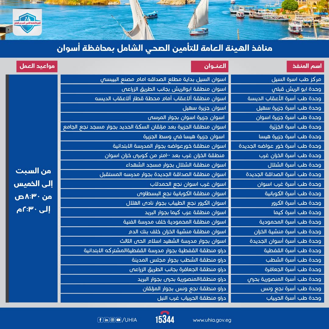 منافذ هيئة التأمين الصحى الشامل فى أسوان