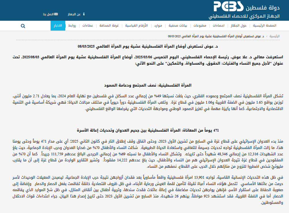 تقرير الجهاز المركزي للإحصاء الفلسطيني عن المرأة الفلسطينية