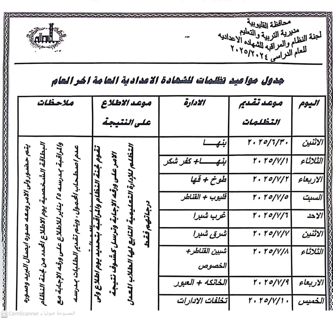 جدول تظلمات الشهادة الإعدادية بالقليوبية جدول تظلمات الشهادة الإعدادية بالقليوبية
