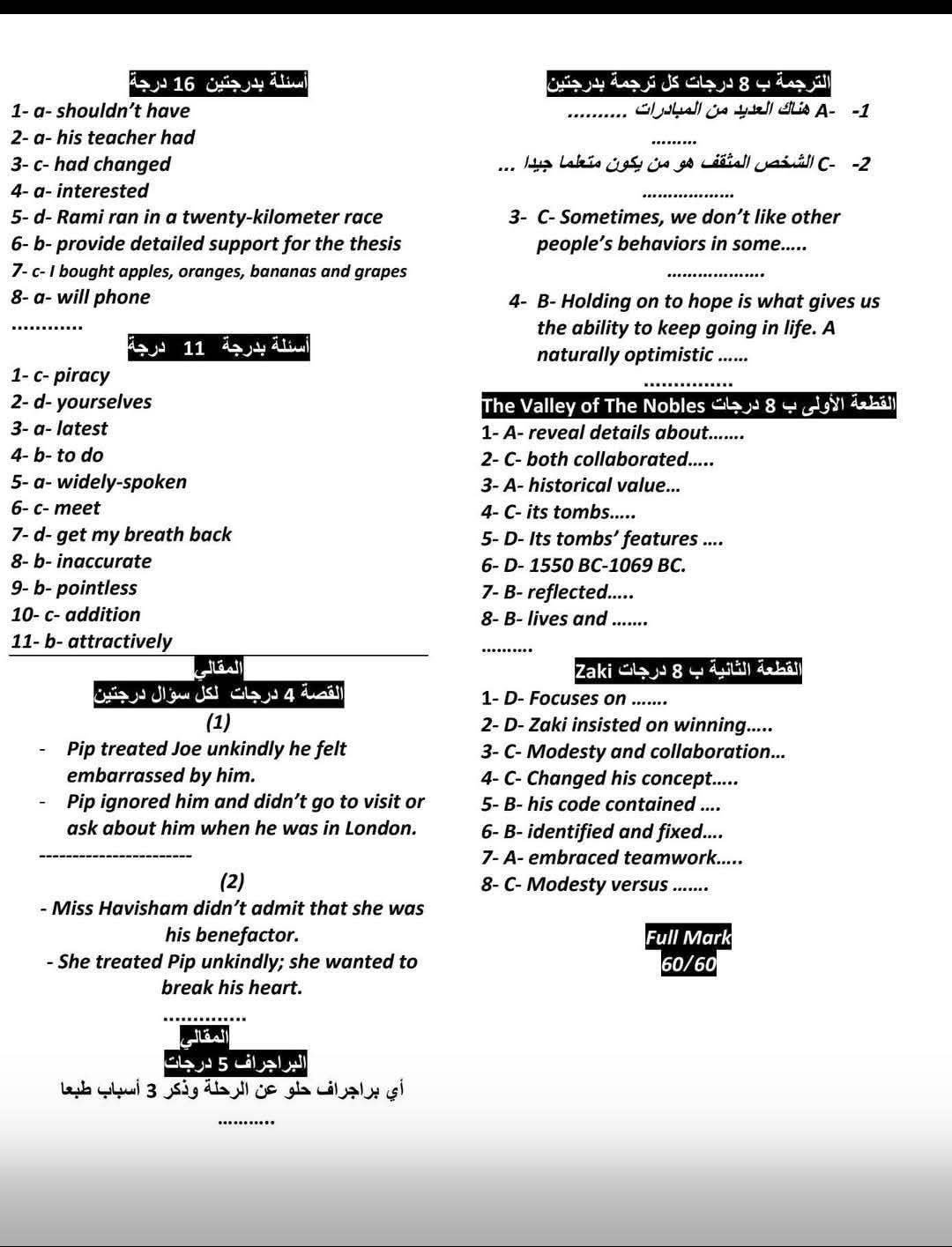 حل أسئلة امتحان اللغة الإنجليزية حل أسئلة امتحان اللغة الإنجليزية