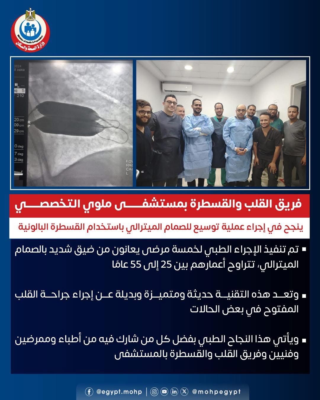 فريق طبى بمستشفى ملوى ينجح فى اجراء عملية توسيع للصمام الميترالى باستخدام القسطرة