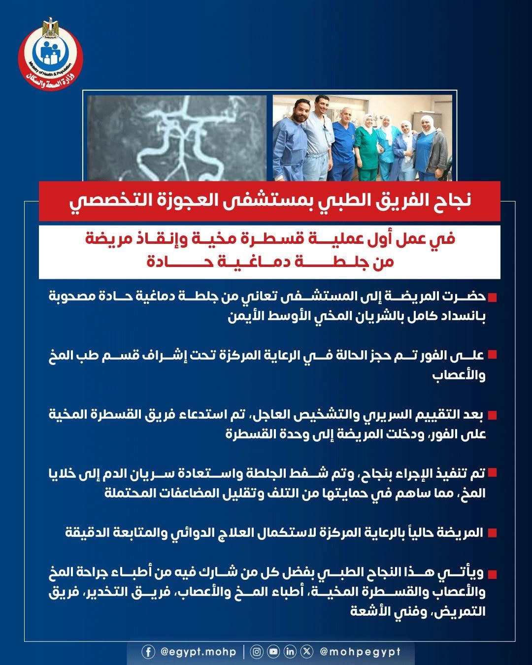 نجاح فريق طبى بمستشفى العجوزة التخصصي فى اجراء أول قسطرة مخية نجاح فريق طبى بمستشفى العجوزة التخصصي فى اجراء أول قسطرة مخية