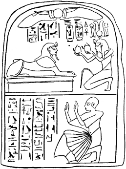 الملك «سيتي الأول» يتعبد إلى أبي الهول، وفي الأسفل شخص يتعبد إلى أبي الهول بصفته «حول» أو «حور إم آخت» (حرمخيس).