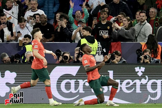 نونو مينديز يحتفل بهدف التعادل فى شباك إسبانيا نونو مينديز يحتفل بهدف التعادل فى شباك إسبانيا