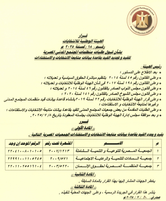 القرار رقم 18 لسنة 2025