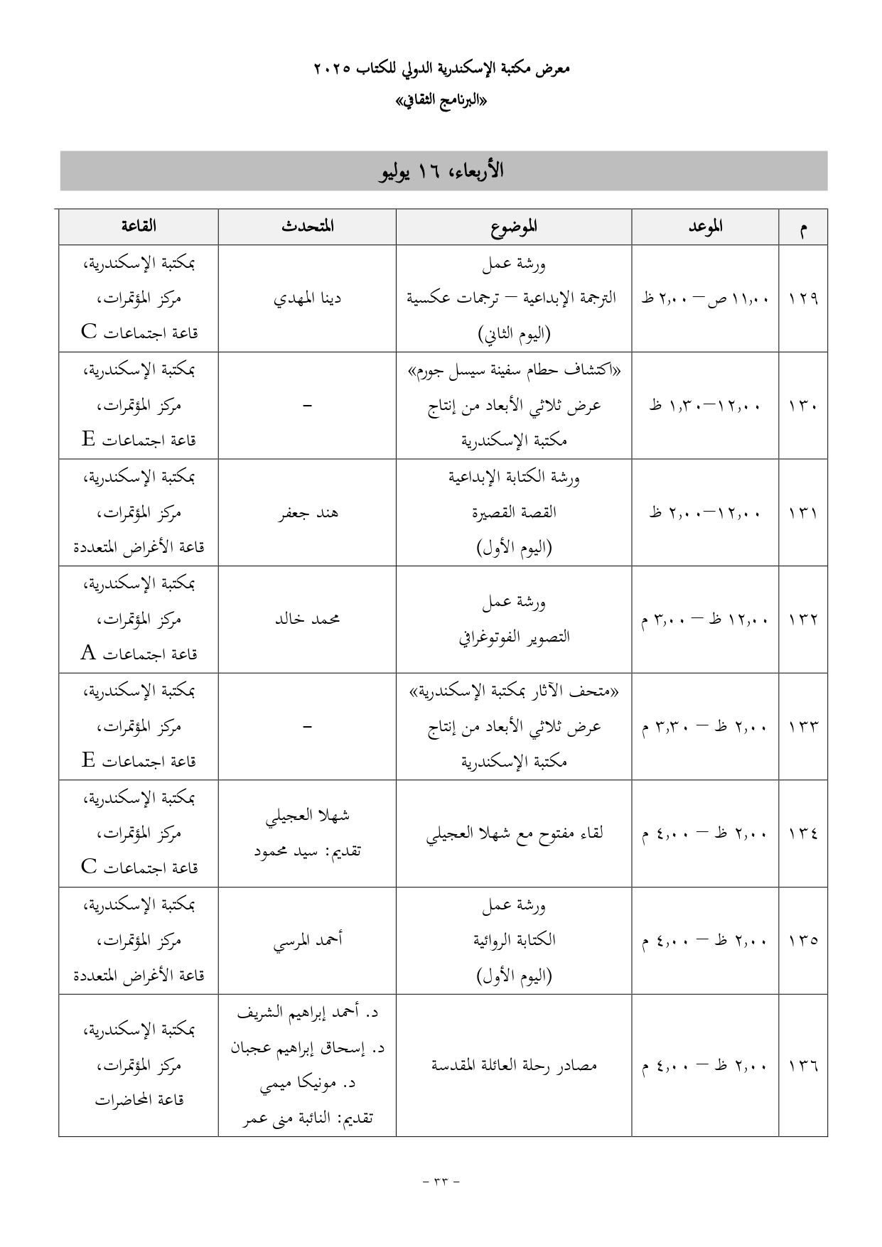 فعاليات اليوم الأربعاء فعاليات اليوم الأربعاء