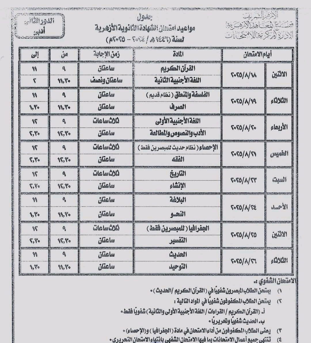 جدول الدور الثاني للثانوية الأزهرية  (1)
