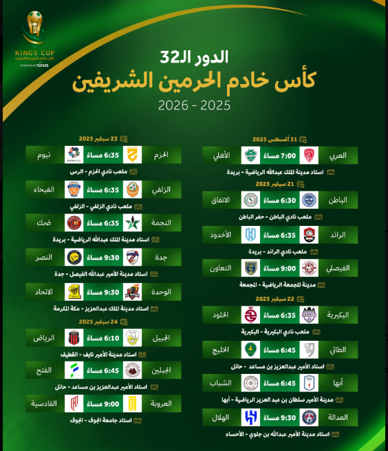 جدول مباريات كأس خادم الحرمين الشريفين 2025-2026