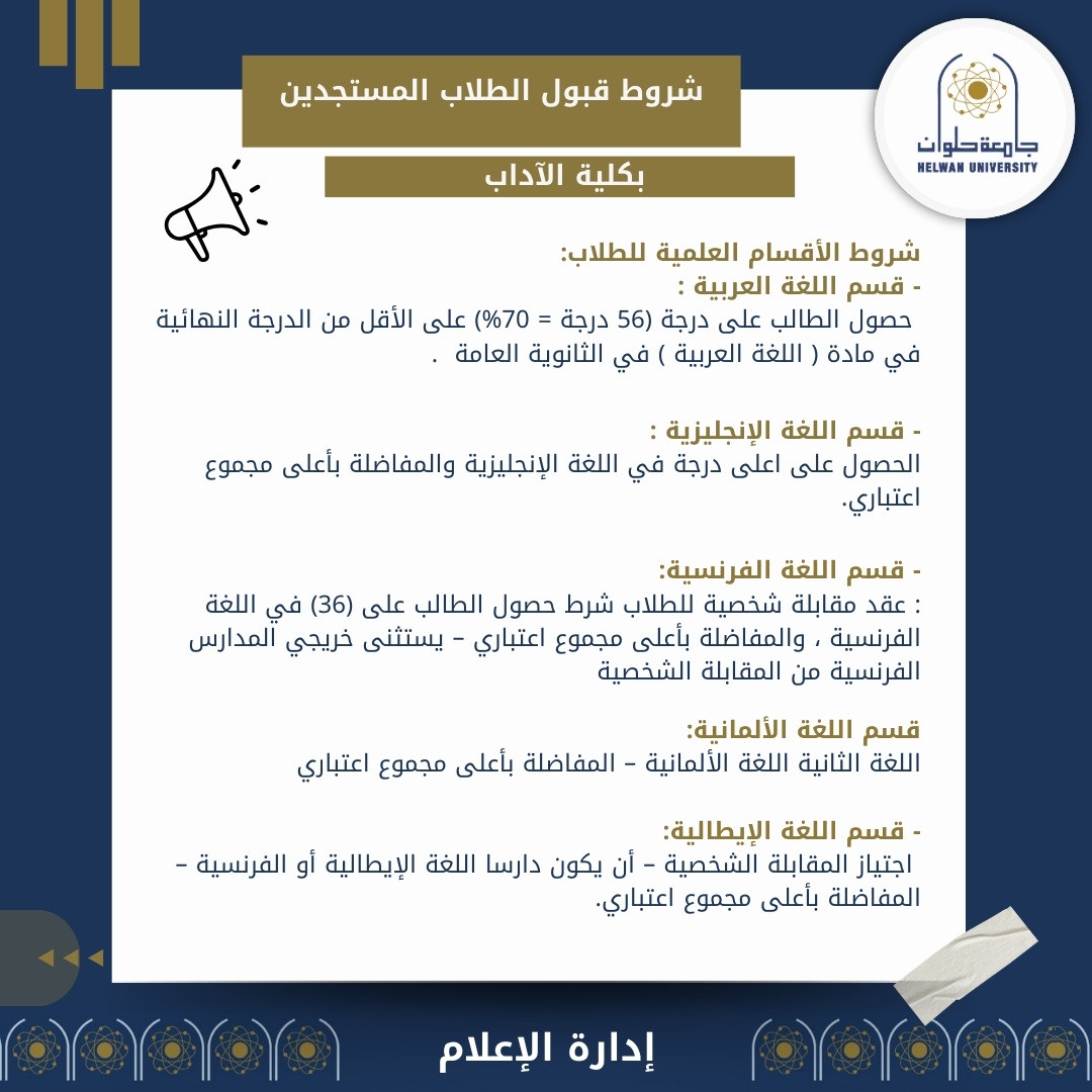 شروط القبول بأقسام آداب حلوان للعام الجامعي 2025/2026 شروط القبول بأقسام آداب حلوان للعام الجامعي 2025/2026