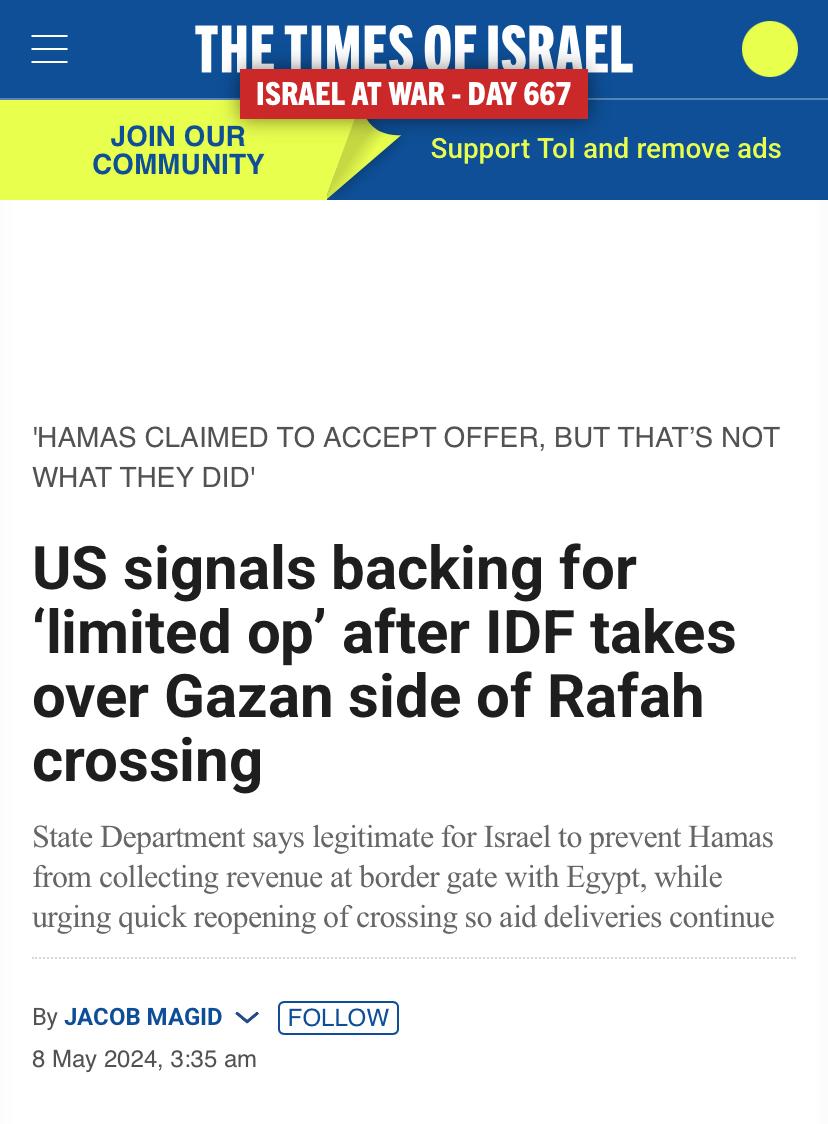 تقرير سابق لصحيفة تايمز أوف اسرائيل يؤكد سيطرة الاحتلال علي الجانب الفلسطيني من معبر رفح